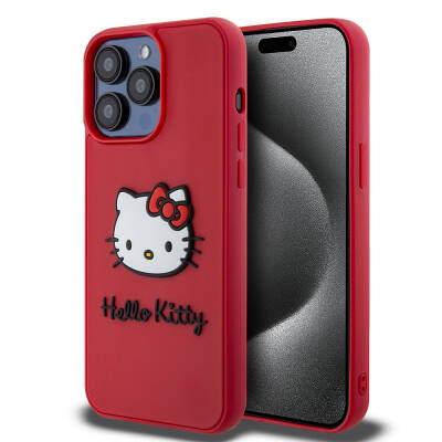 Apple iPhone 15 Pro Case Hello Kitty Original Licensed Text and Iconic Logo 3D Rubber Kitty Head Cover - Hello Kitty