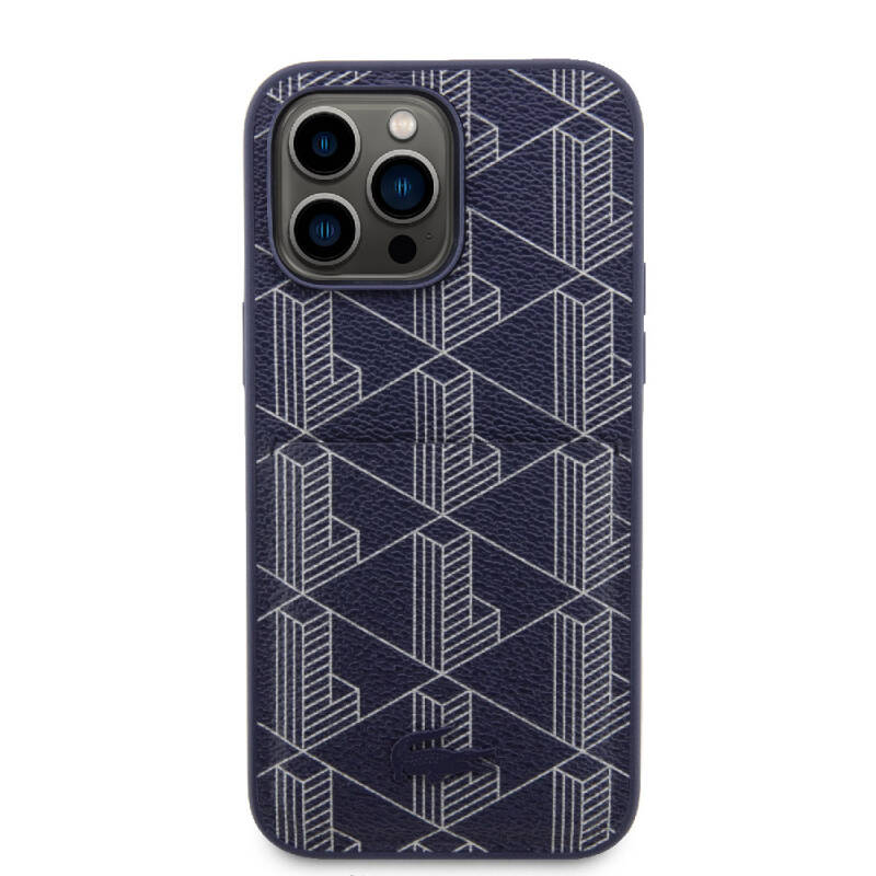 Apple iPhone 15 Pro Case Lacoste Original Licensed Magsafe Charging Featured PU Leather Look Mixed Monogram Patterned Cover with Card Holder - 20