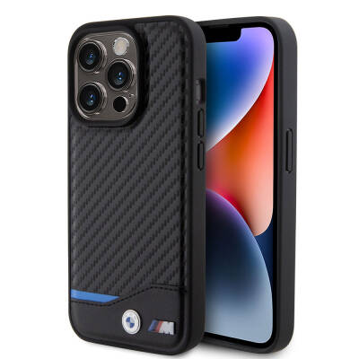 Apple iPhone 15 Pro Kılıf BMW Orjinal Lisanslı M-safe Şarj Özellikli M Logolu PU Karbon Kapak - BMW