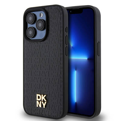 Apple iPhone 15 Pro Kılıf DKNY Orjinal Lisanslı M-safe Şarj Özellikli 3D Yazılı Repeat Pattern Kapak - DKNY