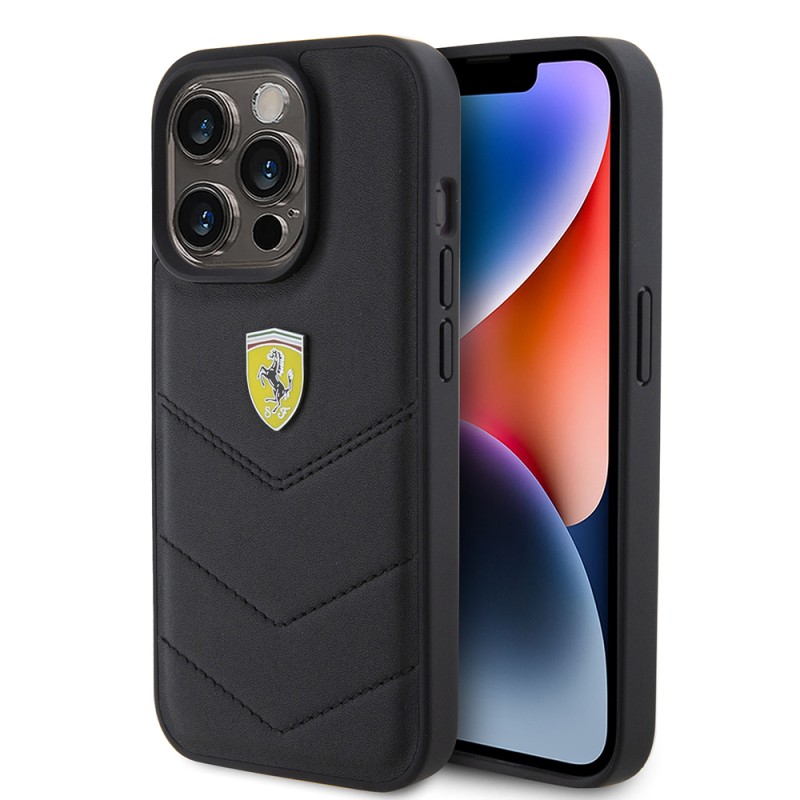 Apple iPhone 15 Pro Kılıf Ferrari Orjinal Lisanslı Deri Dikişli Arka Yüzey Metal Logo Tasarımlı Kapak - 1