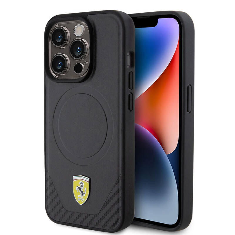 Apple iPhone 15 Pro Kılıf Ferrari Orjinal Lisanslı M-safe Şarj Özellikli Metal Logolu PU Karbon Kapak - 1