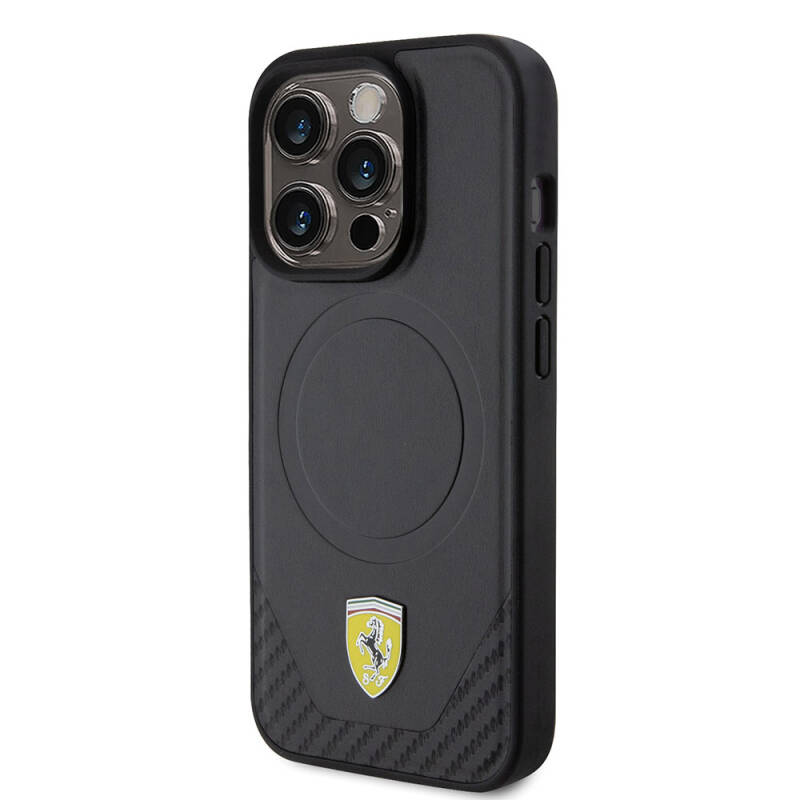 Apple iPhone 15 Pro Kılıf Ferrari Orjinal Lisanslı M-safe Şarj Özellikli Metal Logolu PU Karbon Kapak - 2