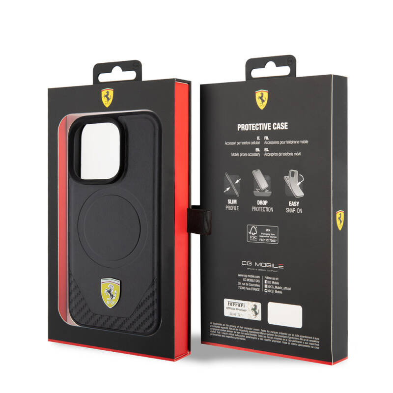 Apple iPhone 15 Pro Kılıf Ferrari Orjinal Lisanslı M-safe Şarj Özellikli Metal Logolu PU Karbon Kapak - 8