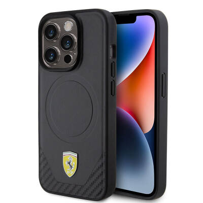Apple iPhone 15 Pro Kılıf Ferrari Orjinal Lisanslı M-safe Şarj Özellikli Metal Logolu PU Karbon Kapak - 9
