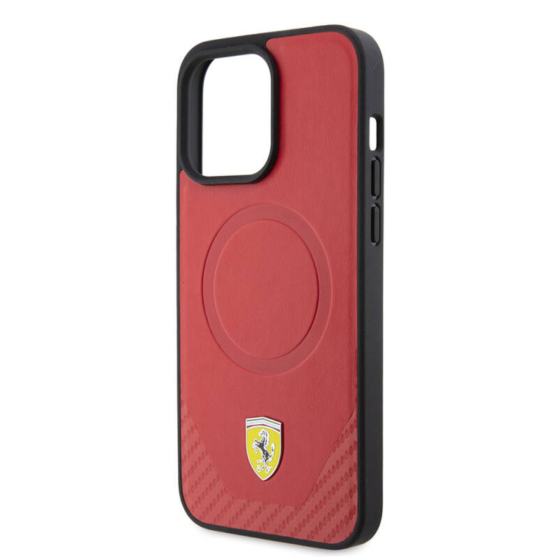 Apple iPhone 15 Pro Kılıf Ferrari Orjinal Lisanslı M-safe Şarj Özellikli Metal Logolu PU Karbon Kapak - 14