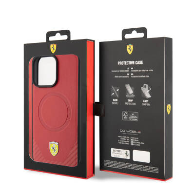 Apple iPhone 15 Pro Kılıf Ferrari Orjinal Lisanslı M-safe Şarj Özellikli Metal Logolu PU Karbon Kapak - 16