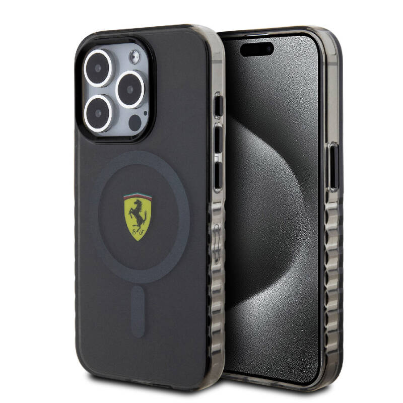 Apple iPhone 15 Pro Kılıf Ferrari Orjinal Lisanslı M-safe Şarj Özellikli Tırtıklı Kenar Tasarımlı Ortalanmış Logo Kapak - 1