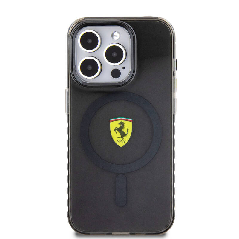 Apple iPhone 15 Pro Kılıf Ferrari Orjinal Lisanslı M-safe Şarj Özellikli Tırtıklı Kenar Tasarımlı Ortalanmış Logo Kapak - 4