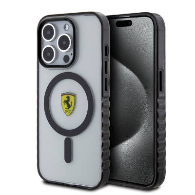 Apple iPhone 15 Pro Kılıf Ferrari Orjinal Lisanslı M-safe Şarj Özellikli Tırtıklı Kenar Tasarımlı Ortalanmış Logo Kapak - 10