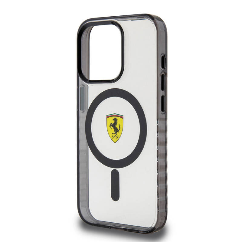 Apple iPhone 15 Pro Kılıf Ferrari Orjinal Lisanslı M-safe Şarj Özellikli Tırtıklı Kenar Tasarımlı Ortalanmış Logo Kapak - 15