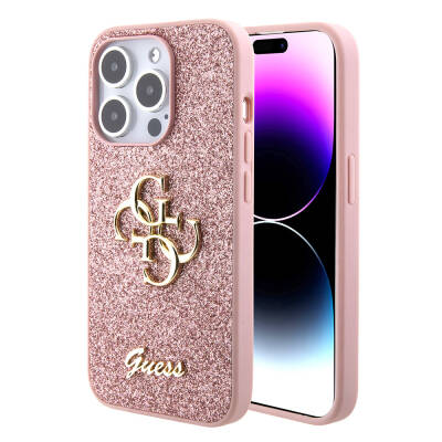 Apple iPhone 15 Pro Kılıf Guess Orjinal Lisanslı 4G Büyük Metal Logolu Glitter Kapak - Guess