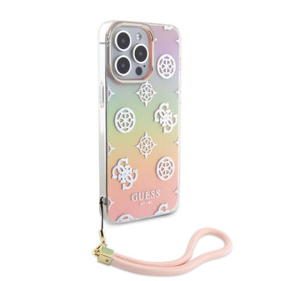 Apple iPhone 15 Pro Kılıf Guess Orjinal Lisanslı Desenli Yazı Logolu Askı İpli Holografik Glitter Peony Kapak - Guess