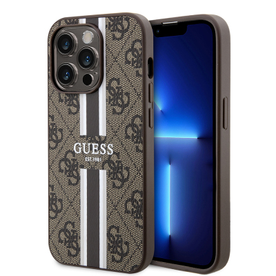 Apple iPhone 15 Pro Kılıf Guess Orjinal Lisanslı M-safe Şarj Özellikli 4G Şerit Tasarımlı Printed Kapak - Guess
