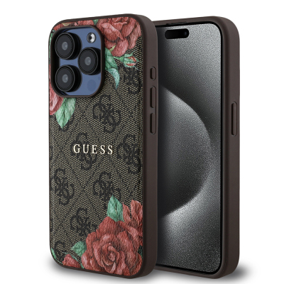 Apple iPhone 15 Pro Kılıf Guess Orjinal Lisanslı M-safe Şarj Özellikli Gül Baskılı 4G Desenli Yazı Logolu Kapak - Guess
