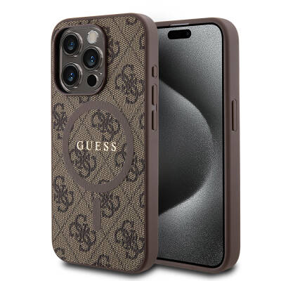 Apple iPhone 15 Pro Kılıf Guess Orjinal Lisanslı M-safe Şarj Özellikli PU Halkalı 4G Desenli Yazı Logolu Kapak - Guess