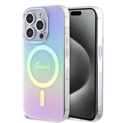 Apple iPhone 15 Pro Kılıf Guess Orjinal Lisanslı M-safe Şarj Özellikli Yazı Logolu Iridescent Kapak - Guess