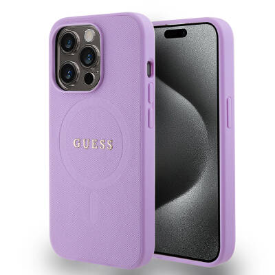 Apple iPhone 15 Pro Kılıf Guess Orjinal Lisanslı M-safe Şarj Özellikli Yazı Logolu Saffiano Kapak - Guess