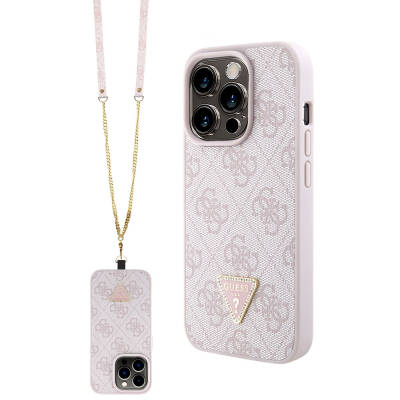 Apple iPhone 15 Pro Kılıf Guess Orjinal Lisanslı PU Deri Askılı Taşlı Üçgen Logo 4G Desenli Strass Crossbody Kapak - Guess