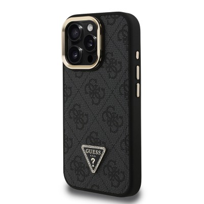 Apple iPhone 15 Pro Kılıf Guess Orjinal Lisanslı PU Deri Taşlı Üçgen Logo 4G Desenli Kamera Standlı Kapak - 12