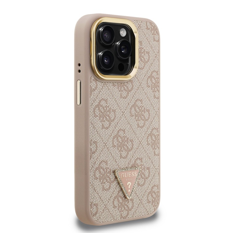 Apple iPhone 15 Pro Kılıf Guess Orjinal Lisanslı PU Deri Taşlı Üçgen Logo 4G Desenli Kamera Standlı Kapak - 21