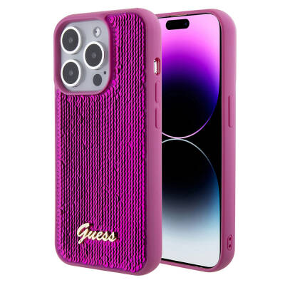 Apple iPhone 15 Pro Kılıf Guess Orjinal Lisanslı Pullu Arka Yüzey Metal Yazı Logolu Sequin Script Kapak - Guess