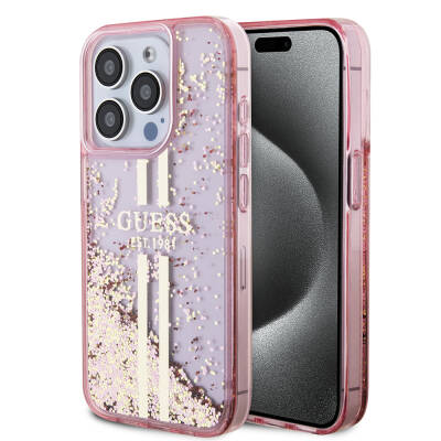 Apple iPhone 15 Pro Kılıf Guess Orjinal Lisanslı Transparan Sıvılı Simli Altın Çizgili Kapak - Guess