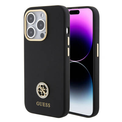 Apple iPhone 15 Pro Kılıf Guess Orjinal Lisanslı Yazı ve Taşlı 4G Logolu Metal Kamera Çerçeveli Silikon Kapak - Guess