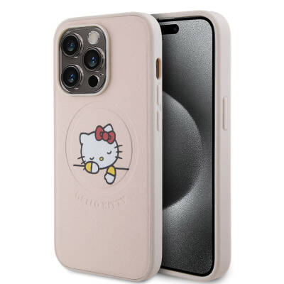 Apple iPhone 15 Pro Kılıf Hello Kitty Orjinal Lisanslı M-safe Şarj Özellikli Baskı Logolu Uyuyan Kitty Deri Kapak - Hello Kitty