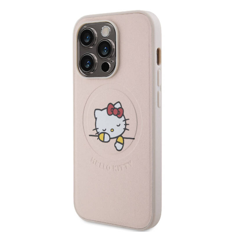 Apple iPhone 15 Pro Kılıf Hello Kitty Orjinal Lisanslı M-safe Şarj Özellikli Baskı Logolu Uyuyan Kitty Deri Kapak - 2