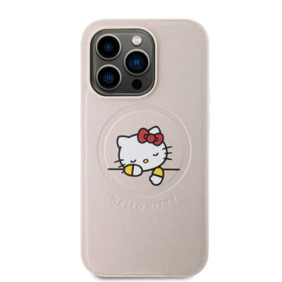 Apple iPhone 15 Pro Kılıf Hello Kitty Orjinal Lisanslı M-safe Şarj Özellikli Baskı Logolu Uyuyan Kitty Deri Kapak - 3