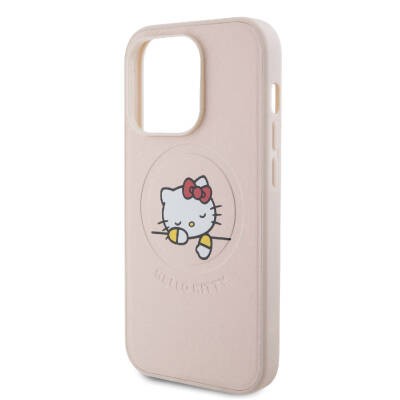 Apple iPhone 15 Pro Kılıf Hello Kitty Orjinal Lisanslı M-safe Şarj Özellikli Baskı Logolu Uyuyan Kitty Deri Kapak - 6