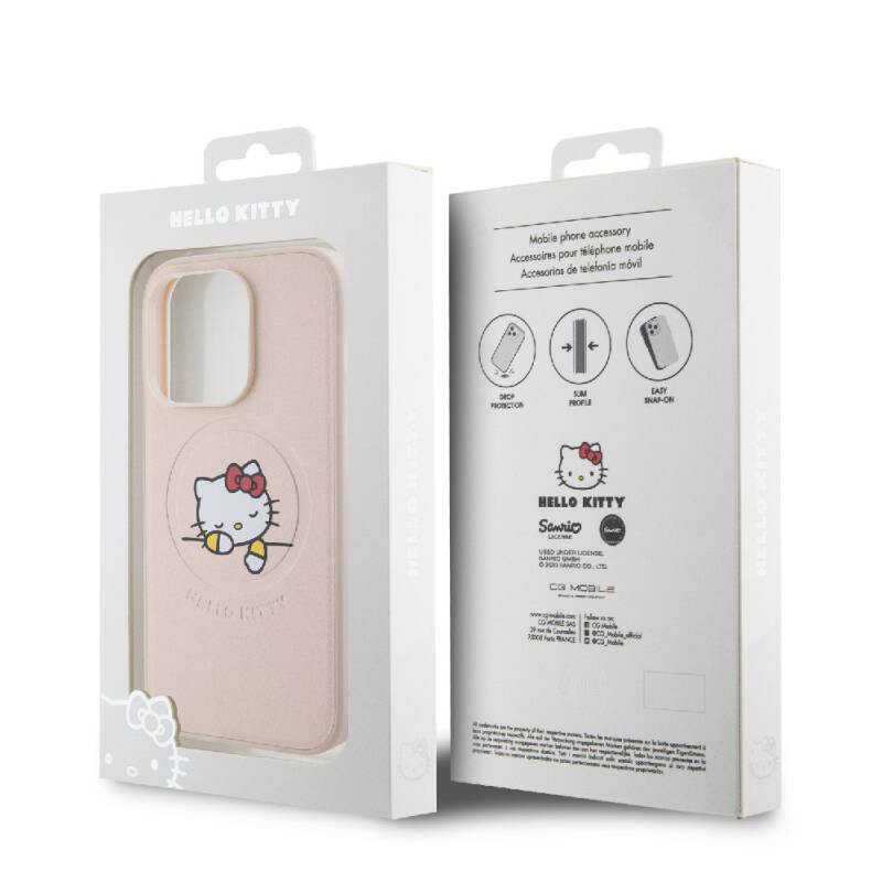 Apple iPhone 15 Pro Kılıf Hello Kitty Orjinal Lisanslı M-safe Şarj Özellikli Baskı Logolu Uyuyan Kitty Deri Kapak - 8