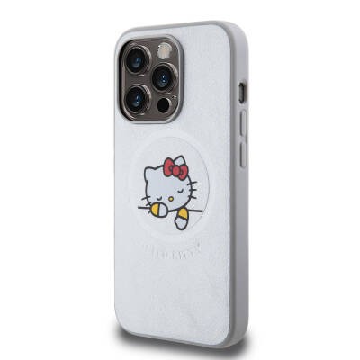 Apple iPhone 15 Pro Kılıf Hello Kitty Orjinal Lisanslı M-safe Şarj Özellikli Baskı Logolu Uyuyan Kitty Deri Kapak - 10