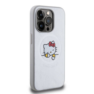 Apple iPhone 15 Pro Kılıf Hello Kitty Orjinal Lisanslı M-safe Şarj Özellikli Baskı Logolu Uyuyan Kitty Deri Kapak - 12