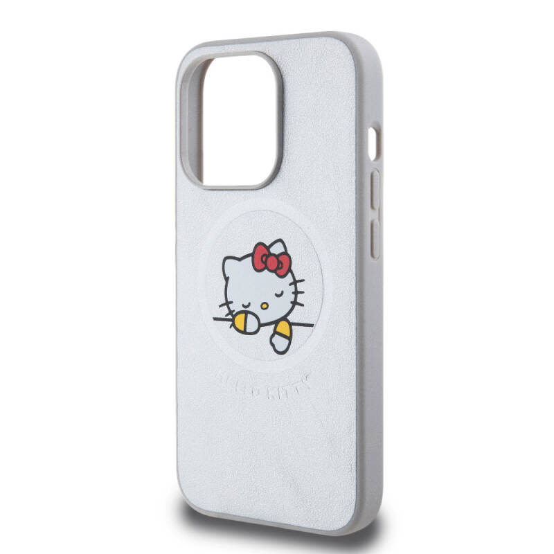 Apple iPhone 15 Pro Kılıf Hello Kitty Orjinal Lisanslı M-safe Şarj Özellikli Baskı Logolu Uyuyan Kitty Deri Kapak - 14