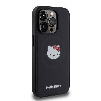 Apple iPhone 15 Pro Kılıf Hello Kitty Orjinal Lisanslı M-safe Şarj Özellikli Kitty Head Deri Kapak - 12