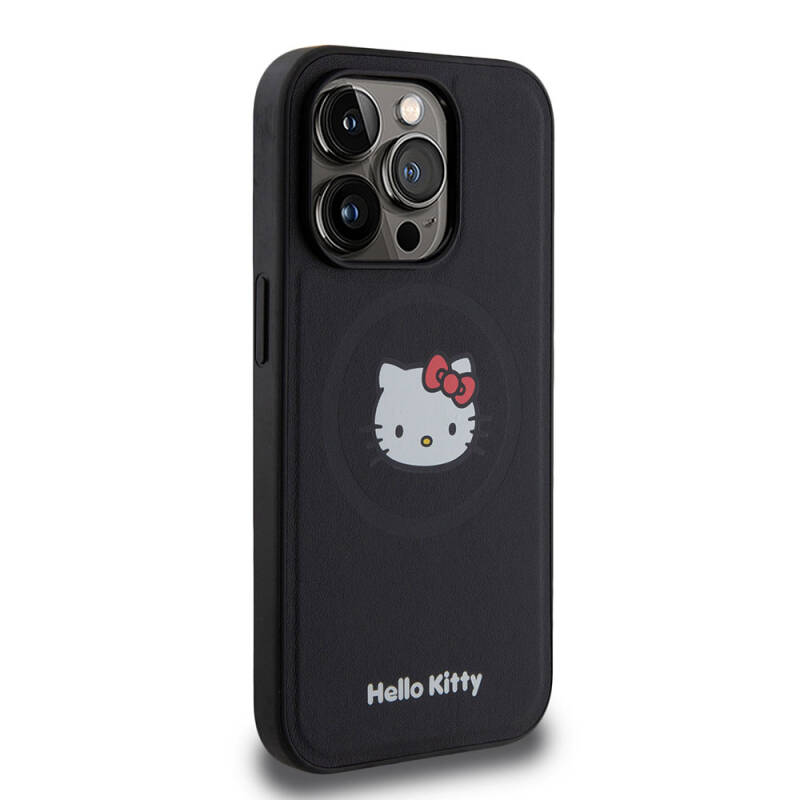 Apple iPhone 15 Pro Kılıf Hello Kitty Orjinal Lisanslı M-safe Şarj Özellikli Kitty Head Deri Kapak - 12