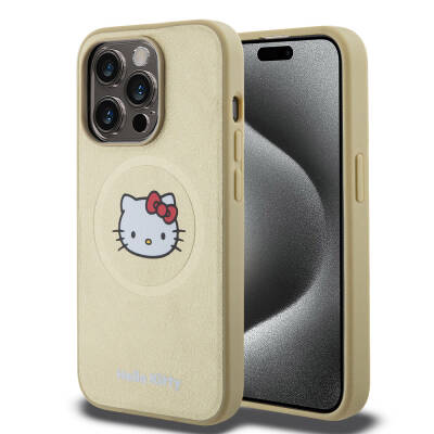 Apple iPhone 15 Pro Kılıf Hello Kitty Orjinal Lisanslı M-safe Şarj Özellikli Kitty Head Deri Kapak - Hello Kitty