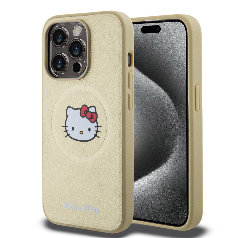 Apple iPhone 15 Pro Kılıf Hello Kitty Orjinal Lisanslı M-safe Şarj Özellikli Kitty Head Deri Kapak - 1