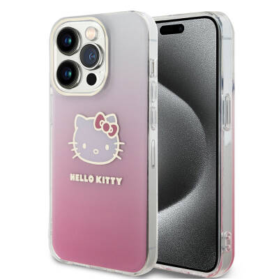 Apple iPhone 15 Pro Kılıf Hello Kitty Orjinal Lisanslı Yazı ve İkonik Logolu Elektroplating Kaplama Gradyan Kapak - Hello Kitty