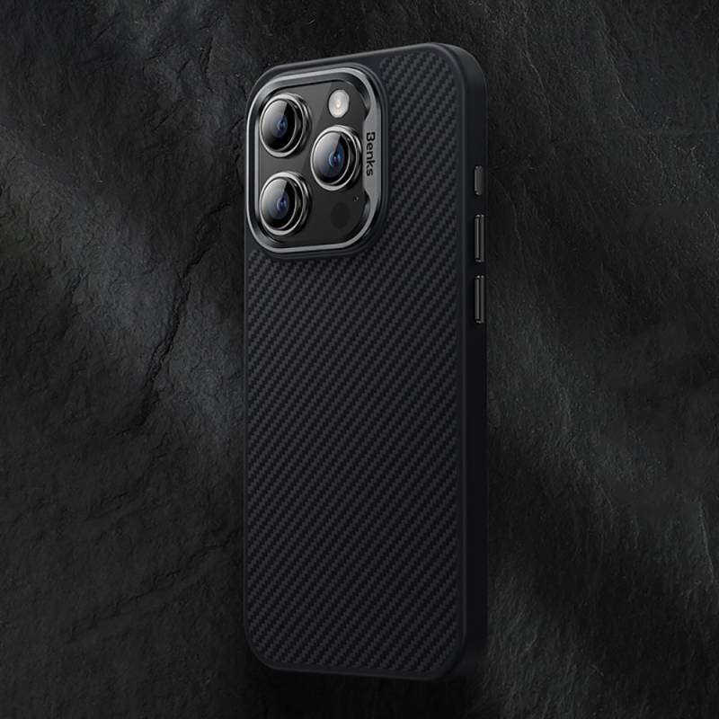 Apple iPhone 15 Pro Kılıf Karbon Fiber M-safe Şarj Özellikli Benks Hybrid ArmorPro 600D Kevlar Kapak - 8