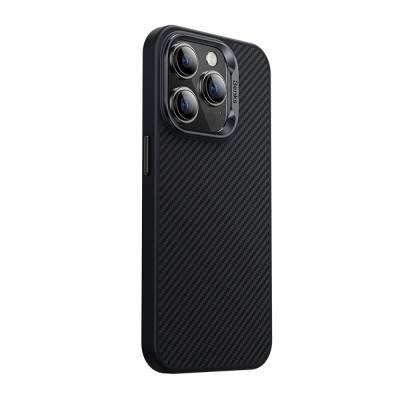 Apple iPhone 15 Pro Kılıf Karbon Fiber M-safe Şarj Özellikli Benks Hybrid ArmorPro 600D Kevlar Kapak Siyah