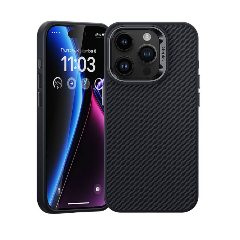 Apple iPhone 15 Pro Kılıf Karbon Fiber M-safe Şarj Özellikli Benks Hybrid ArmorPro 600D Kevlar Kapak - 1