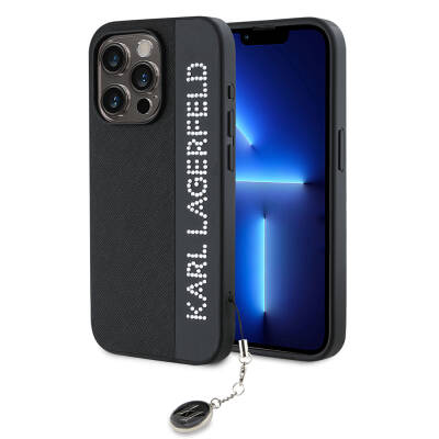 Apple iPhone 15 Pro Kılıf Karl Lagerfeld Orjinal Lisanslı Anahtarlıklı Taşlı KL Yazılı Saffiano Rhinestones Kapak - Karl Lagerfeld