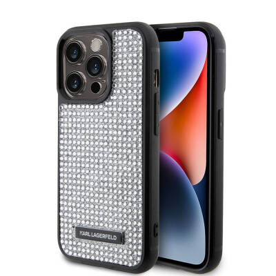 Apple iPhone 15 Pro Kılıf Karl Lagerfeld Taşlı Metal Logo Orjinal Lisanslı Kapak - Karl Lagerfeld