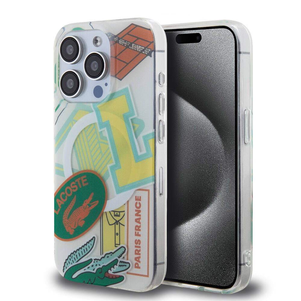 Apple iPhone 15 Pro Kılıf Lacoste Orjinal Lisanslı M-safe Şarj Özellikli Çift Katmanlı Yamalar Desenli Kapak - Sarı