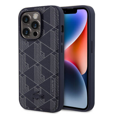 Apple iPhone 15 Pro Kılıf Lacoste Orjinal Lisanslı M-safe Şarj Özellikli PU Deri Görünümlü Karışık Monogram Desenli Kapak - Lacoste