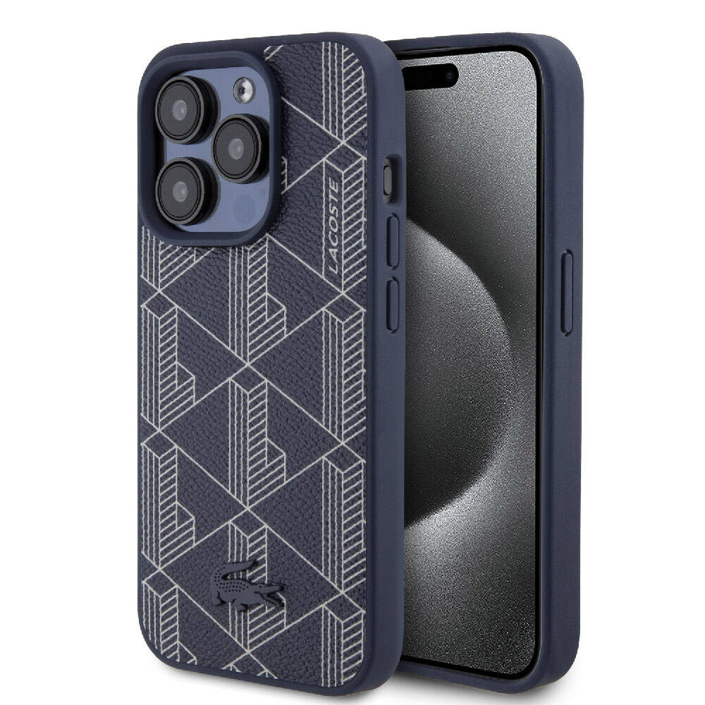 Apple iPhone 15 Pro Kılıf Lacoste Orjinal Lisanslı M-safe Şarj Özellikli PU Deri Görünümlü Karışık Monogram Desenli Kapak - Lacivert