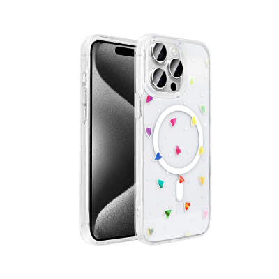Apple iPhone 15 Pro Kılıf M-Safe Şarj Özellikli Şeffaf Zore Folk Sert Kapak - Zore